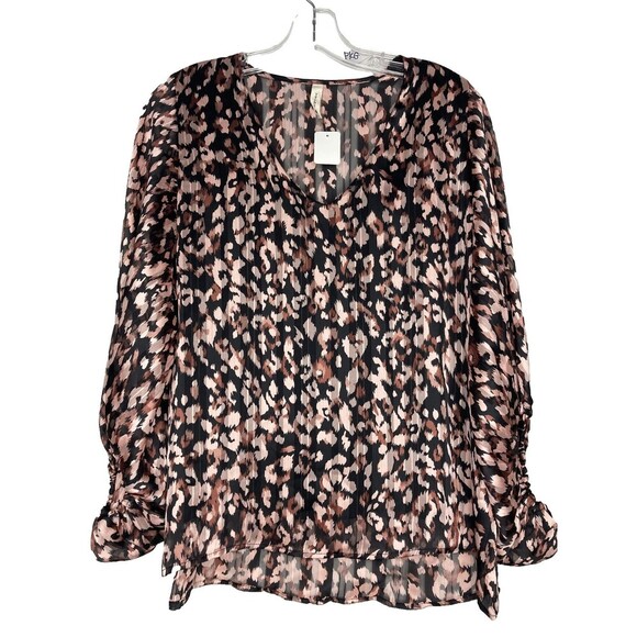 TYCHE Blouse Women Medium Black Animal Print Sheer V-Neck Elastic Sleeves - Picture 1 of 3